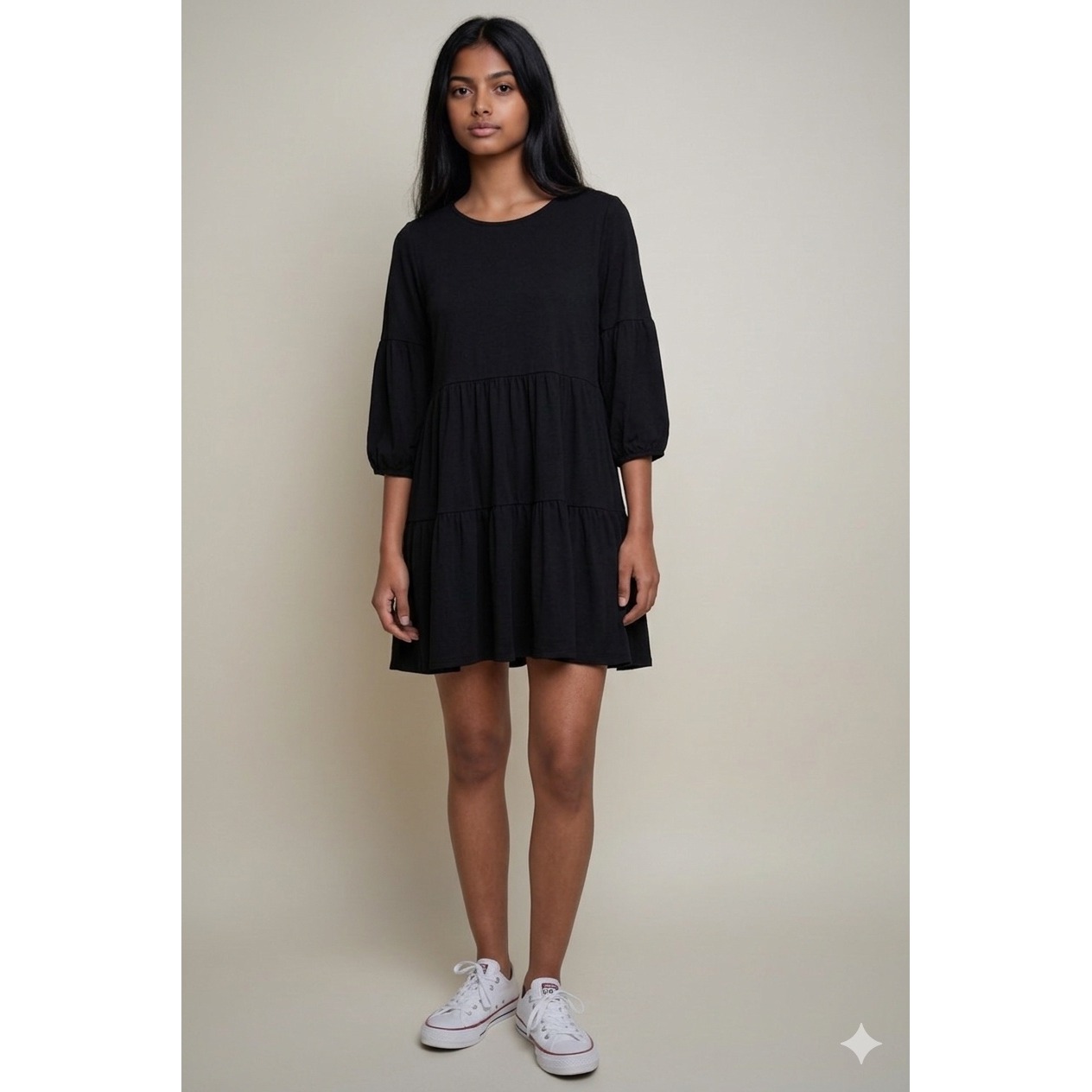Baevely Tiered Babydoll Dress Womens Size M Black 3/4 Sleeve Mini Made In Usa